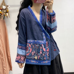 Ethnic Embroidery Cardigan Vintage Linen Blouses