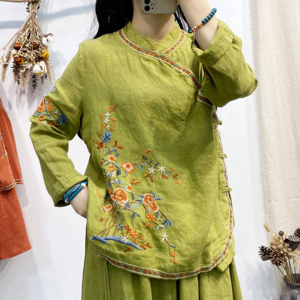 Retro Embroidered Linen Long-sleeved Shirts