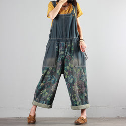 Printed Ripped Denim Overalls