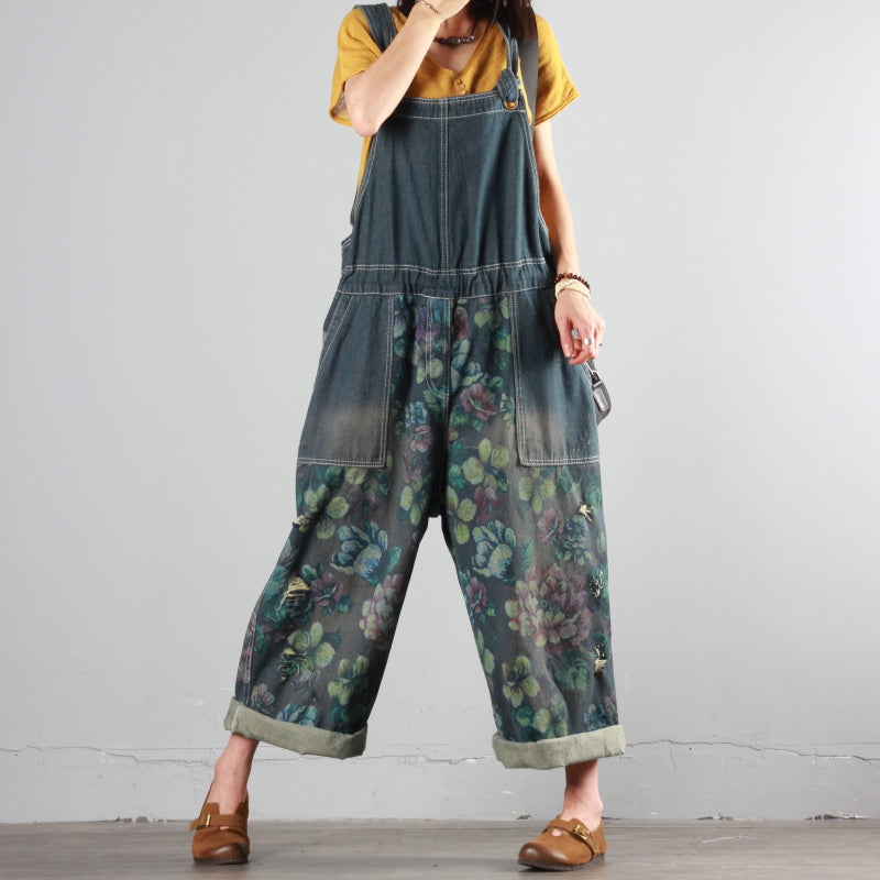 Printed Ripped Denim Overalls