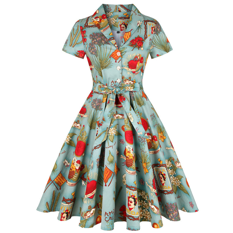 1950s Retro Lapel Flower Print Dress