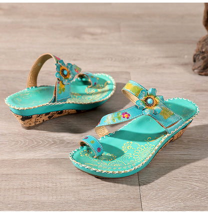 Retro Handmade Floral Wedge Flip Flops Sandals