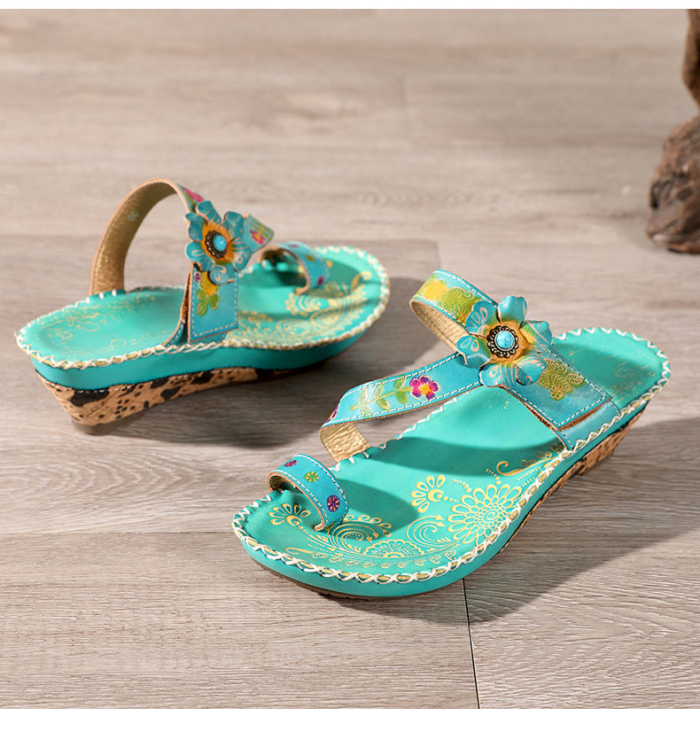Retro Handmade Floral Wedge Flip Flops Sandals