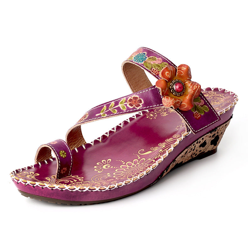 Retro Handmade Floral Wedge Flip Flops Sandals