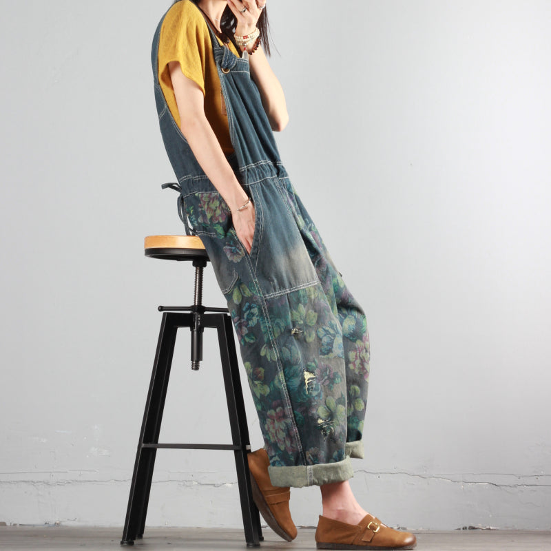 Printed Ripped Denim Overalls