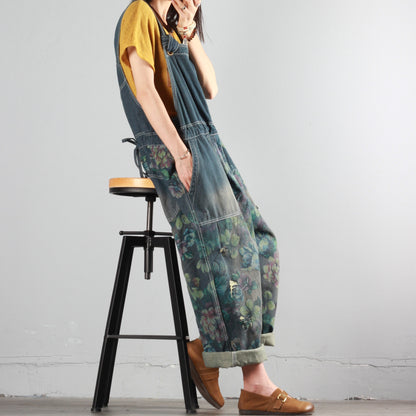 Printed Ripped Denim Overalls