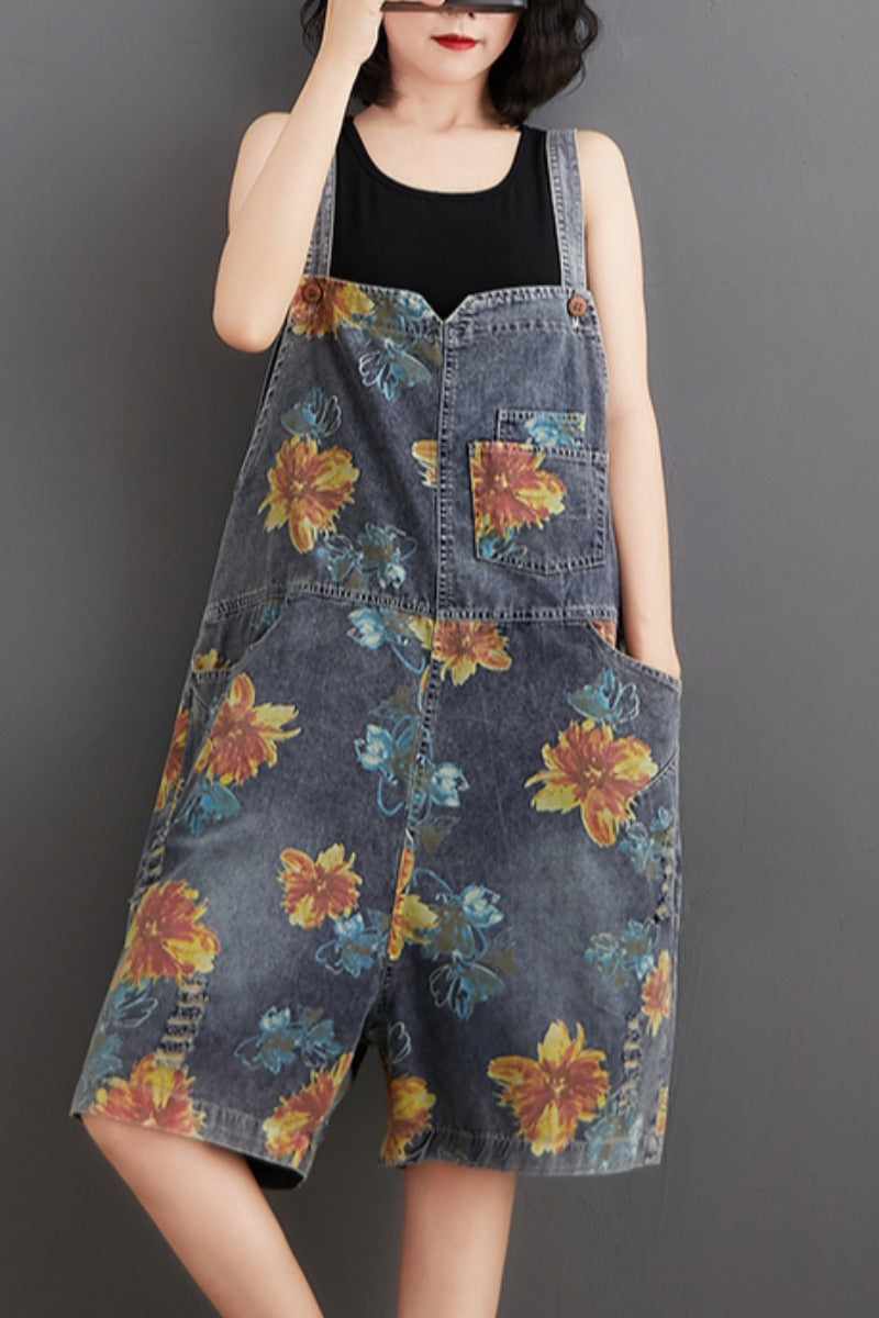 Summer Flower Print Denim Rompers