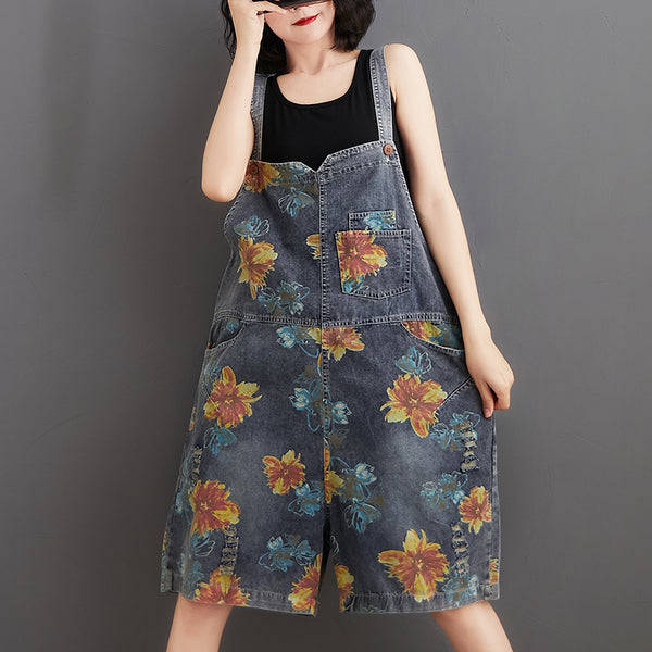 Summer Flower Print Denim Rompers