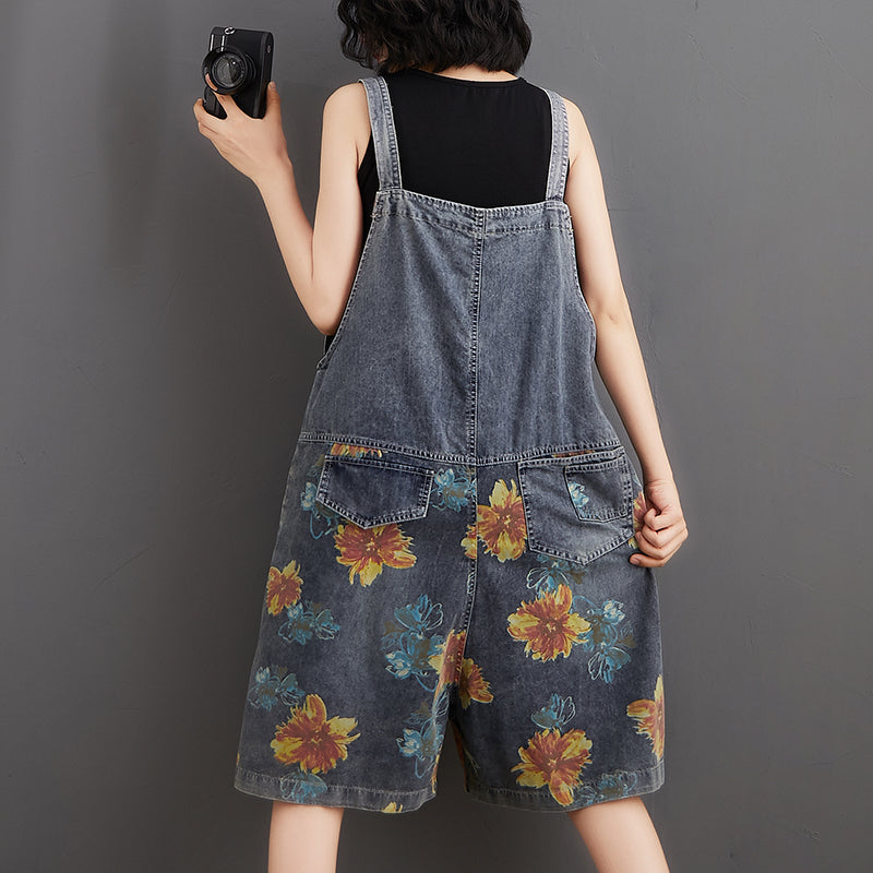 Summer Flower Print Denim Rompers