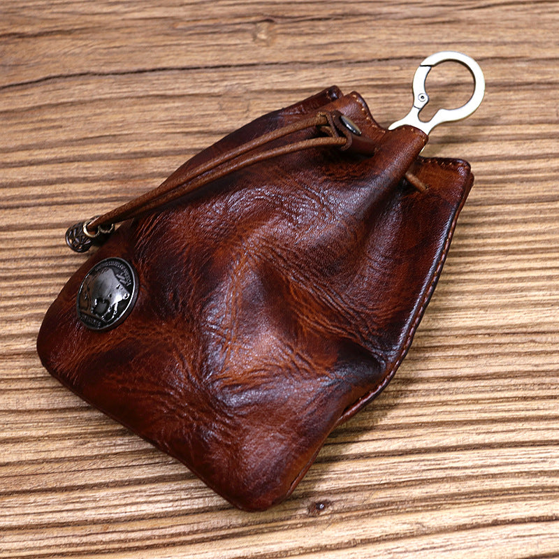 Cowhide Waist Pleated Drawstring Coin Purse Storage Bag
