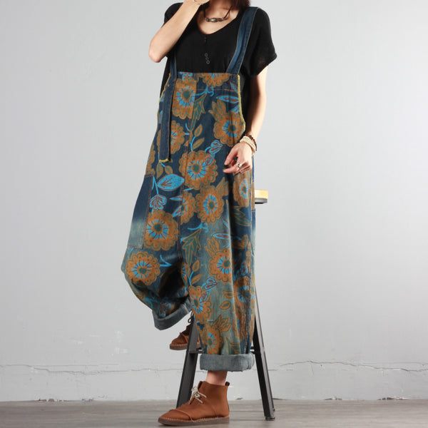 Summer Flower Print Denim Overalls