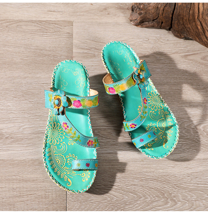 Retro Handmade Floral Wedge Flip Flops Sandals