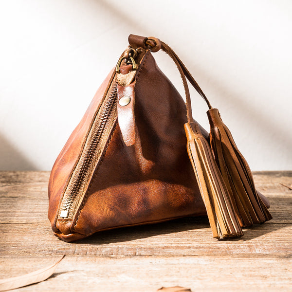 Leather Retro Triangle Cash Wallet Coin Tassel Storage Bag