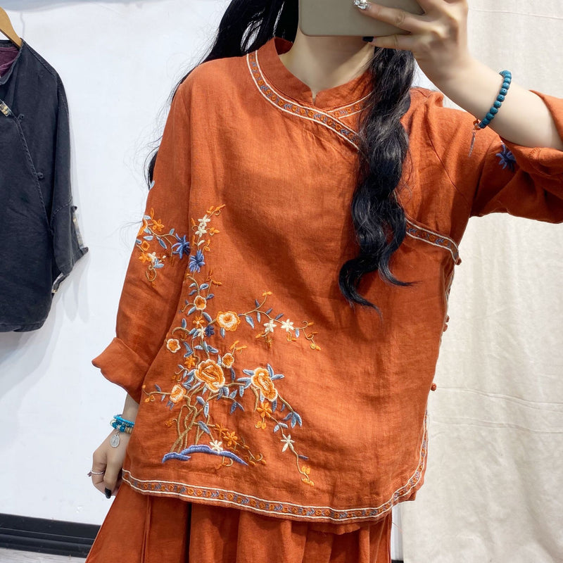 Retro Embroidered Linen Long-sleeved Shirts