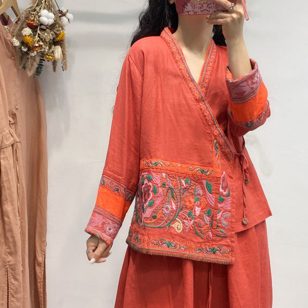 Ethnic Embroidery Cardigan Vintage Linen Blouses