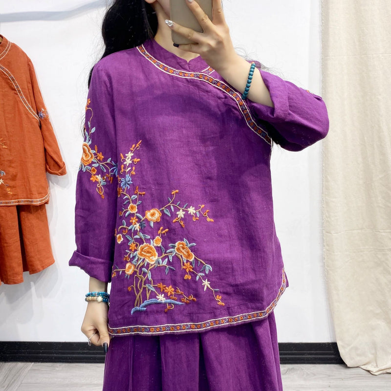 Retro Embroidered Linen Long-sleeved Shirts