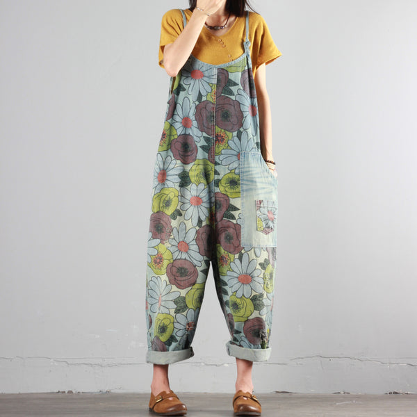 Chrysanthemum Print Wide-leg Overalls