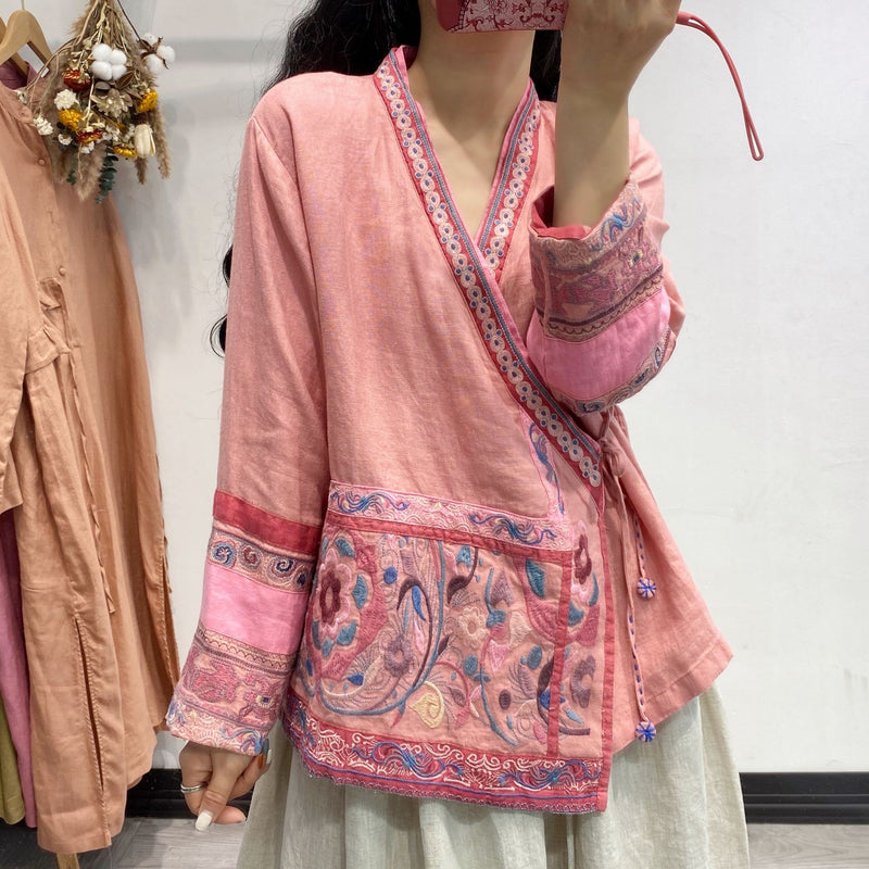 Ethnic Embroidery Cardigan Vintage Linen Blouses