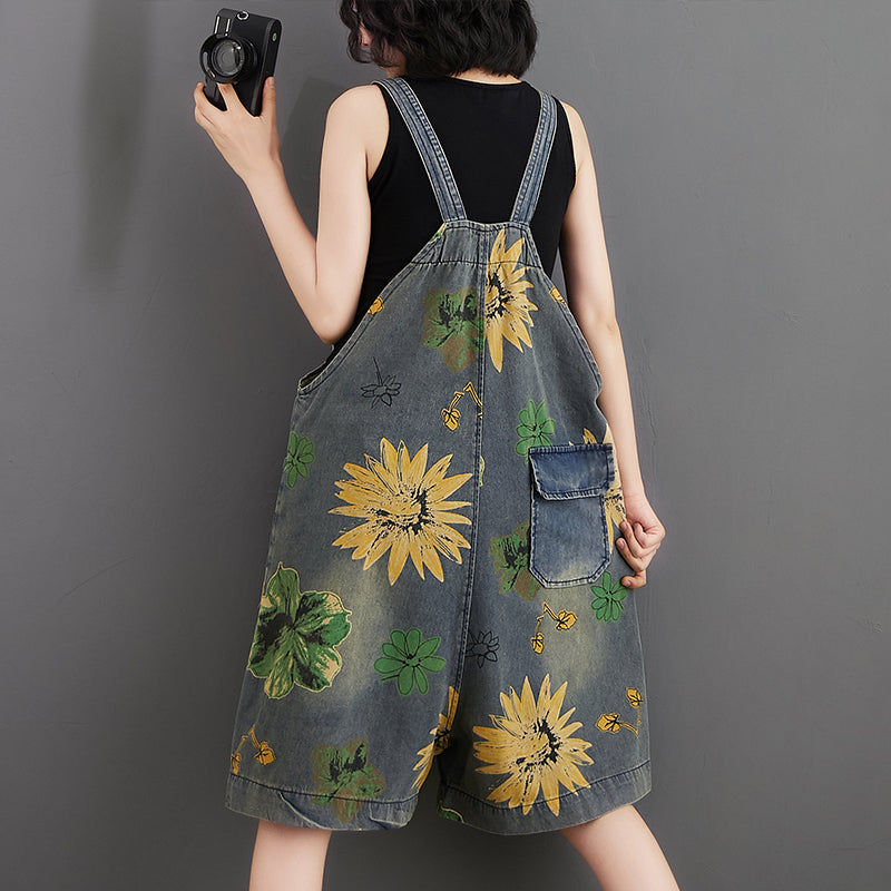 Flower Print Denim Rompers