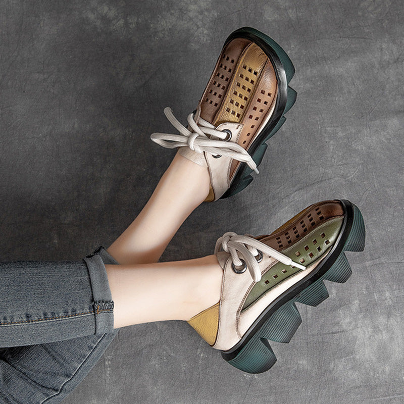 Retro Multicolor Hollow Genuine Leather Platform Sandals