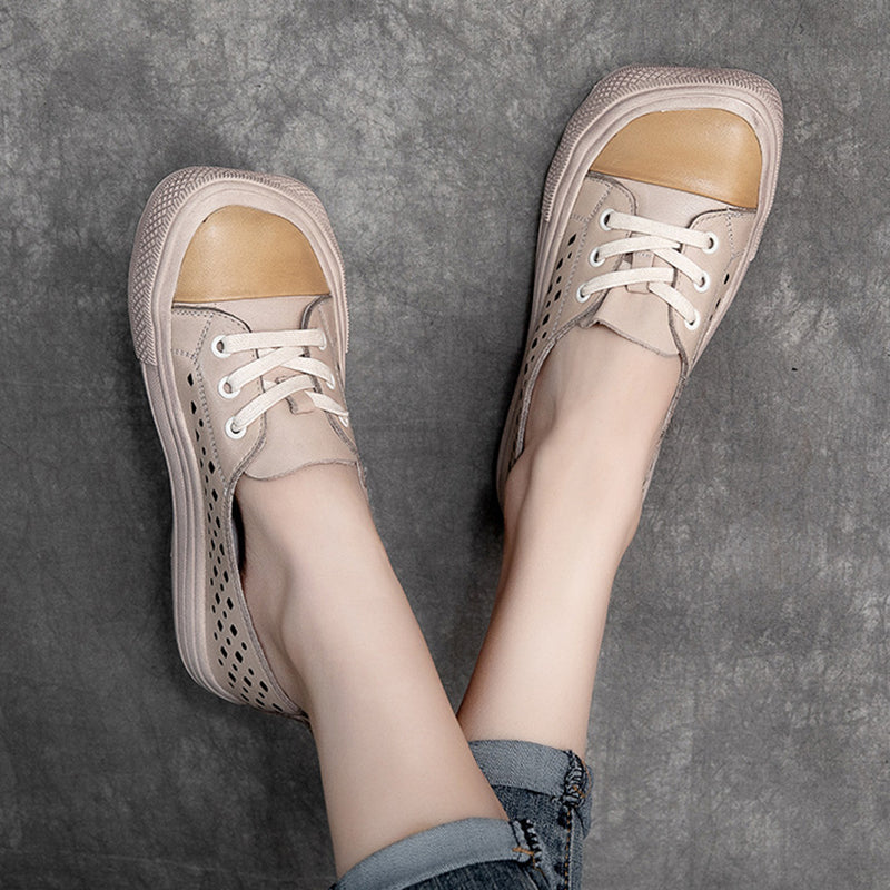 Leather Hollow Square Head Casual Shoes