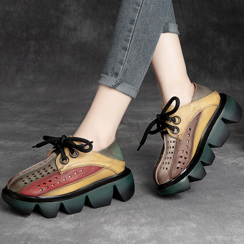 Retro Multicolor Hollow Genuine Leather Platform Sandals