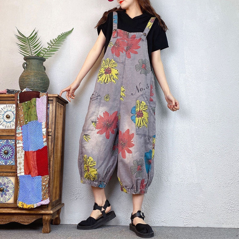 Loose Ethnic Floral Print Denim Overalls