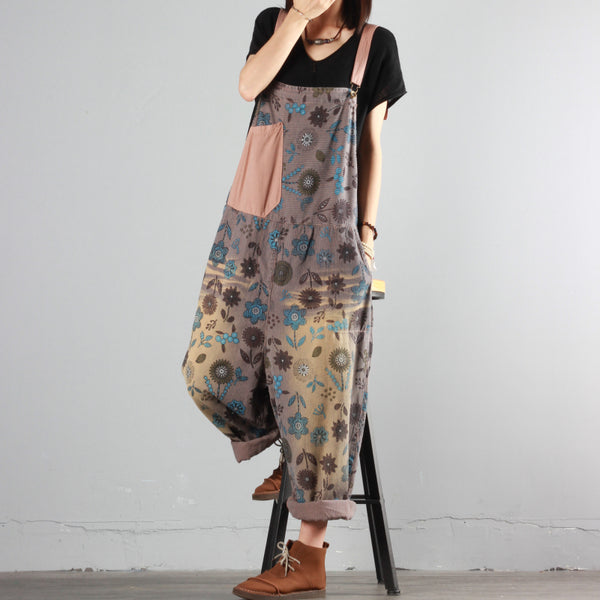 Floral Color Block Denim Overalls