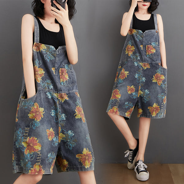 Summer Flower Print Denim Rompers