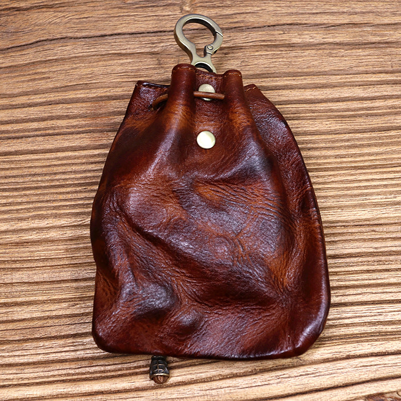 Cowhide Waist Pleated Drawstring Coin Purse Storage Bag