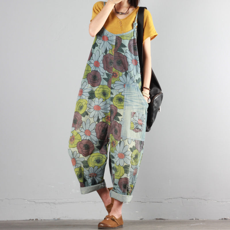 Chrysanthemum Print Wide-leg Overalls