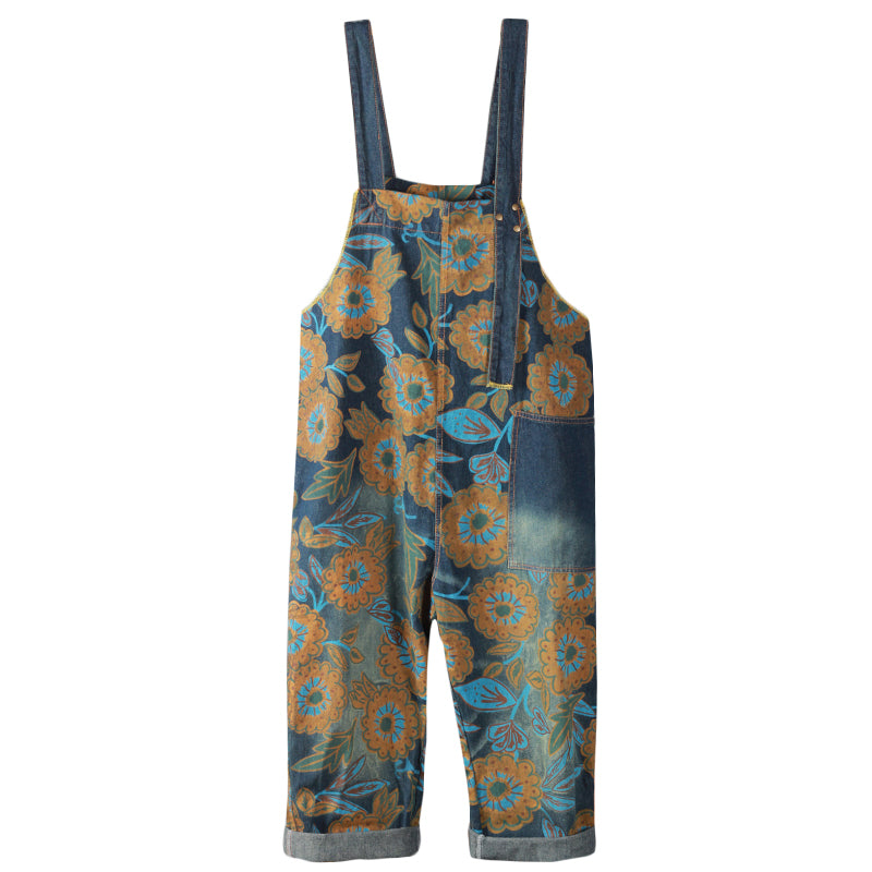 Summer Flower Print Denim Overalls