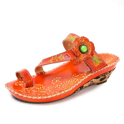Retro Handmade Floral Wedge Flip Flops Sandals