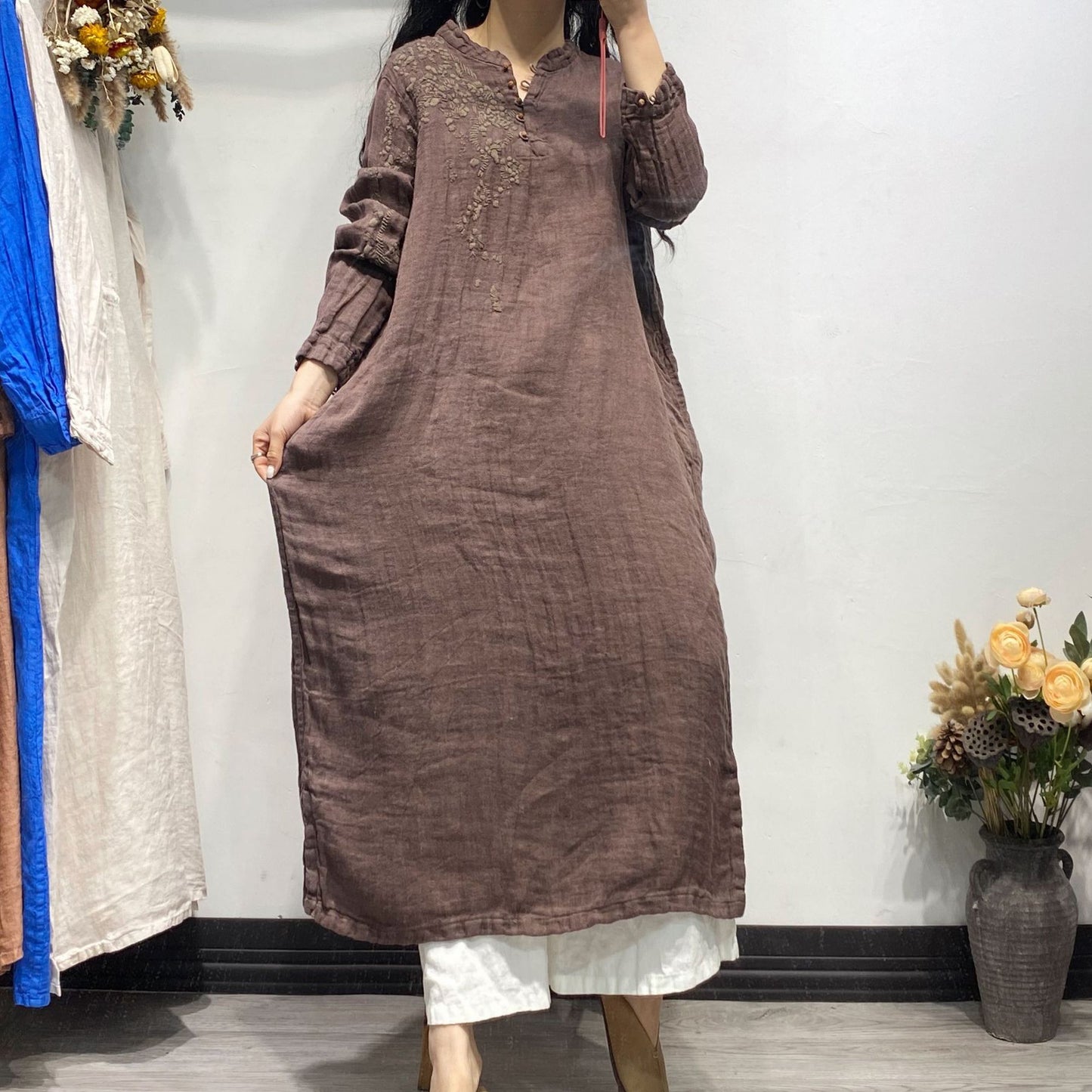 Linen Embroidery Retro Dress