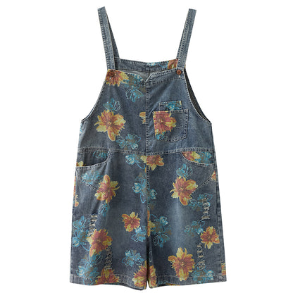 Summer Flower Print Denim Rompers