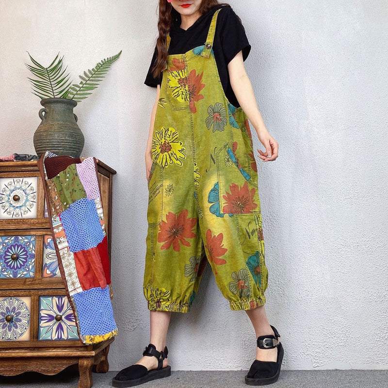 Loose Ethnic Floral Print Denim Overalls