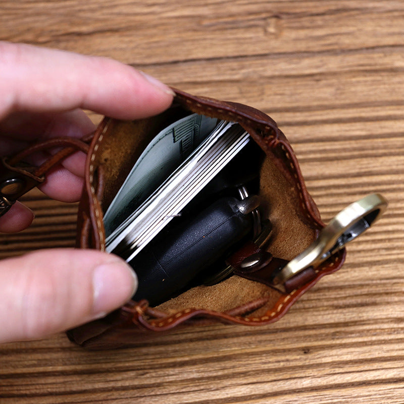 Cowhide Waist Pleated Drawstring Coin Purse Storage Bag