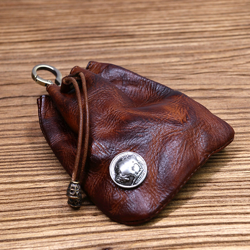 Cowhide Waist Pleated Drawstring Coin Purse Storage Bag