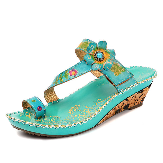 Retro Handmade Floral Wedge Flip Flops Sandals