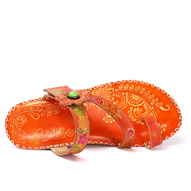 Retro Handmade Floral Wedge Flip Flops Sandals
