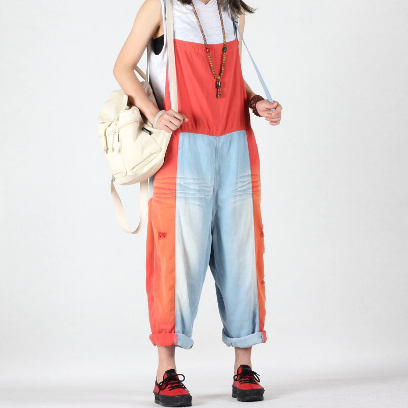 Patchwork Loose Overalls