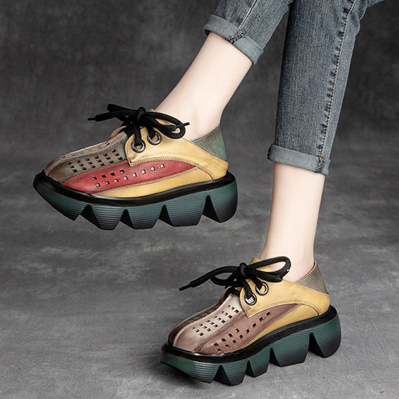 Retro Multicolor Hollow Genuine Leather Platform Sandals