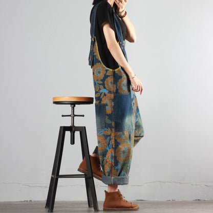 Summer Flower Print Denim Overalls