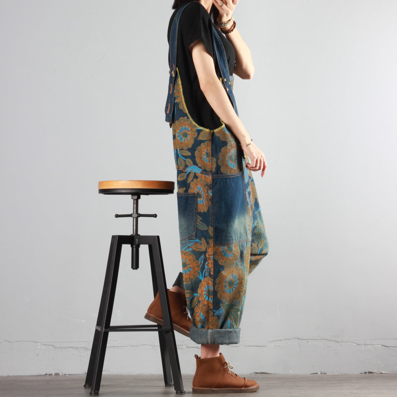Summer Flower Print Denim Overalls