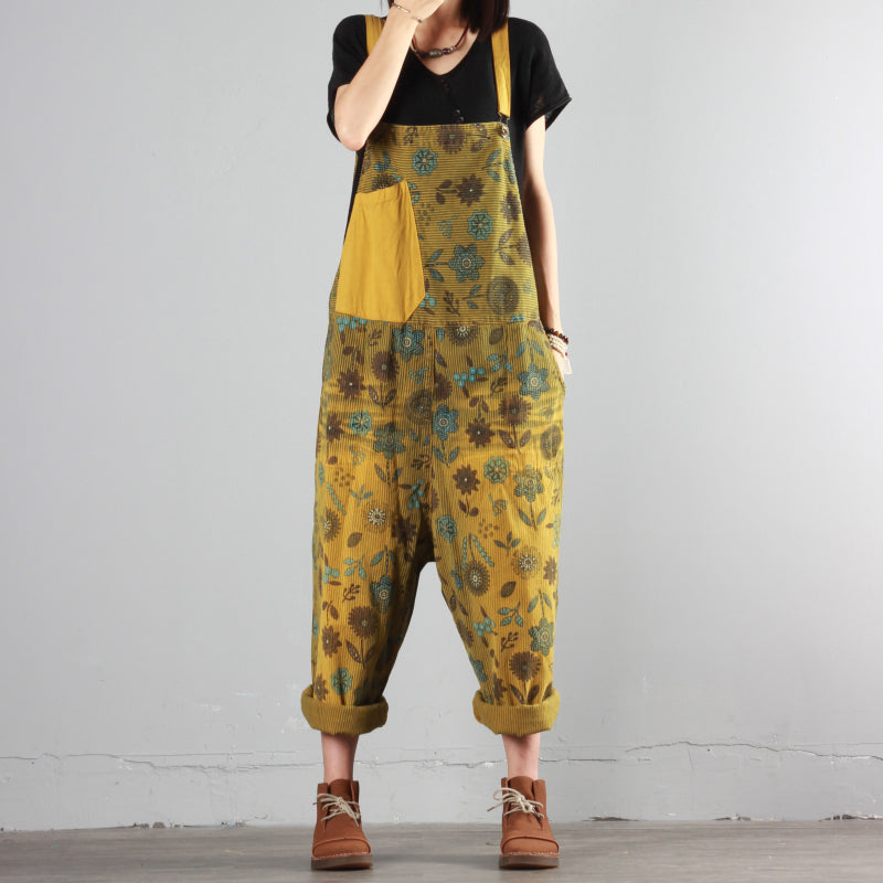 Floral Color Block Denim Overalls