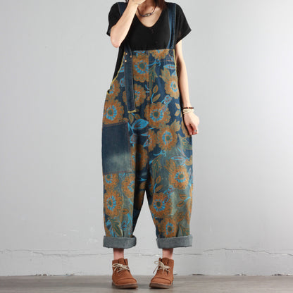 Summer Flower Print Denim Overalls