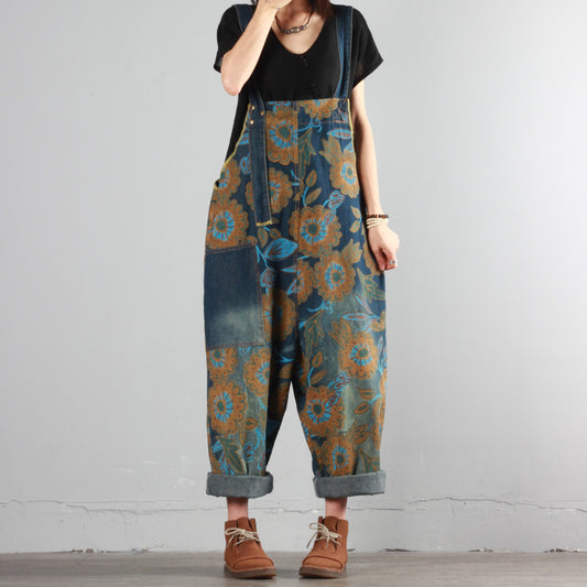 Summer Flower Print Denim Overalls