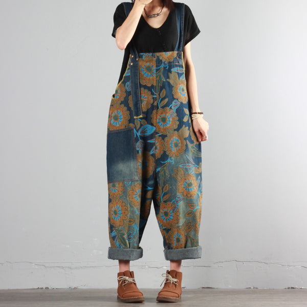 Summer Flower Print Denim Overalls