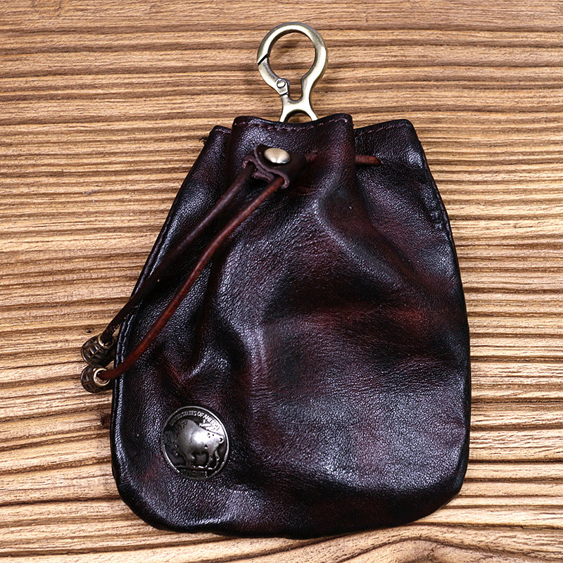 Cowhide Waist Pleated Drawstring Coin Purse Storage Bag