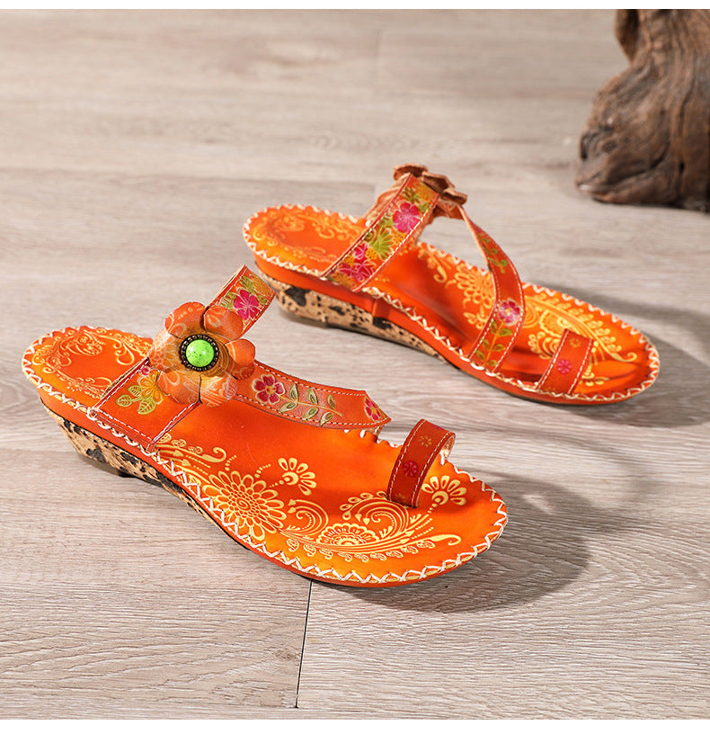 Retro Handmade Floral Wedge Flip Flops Sandals